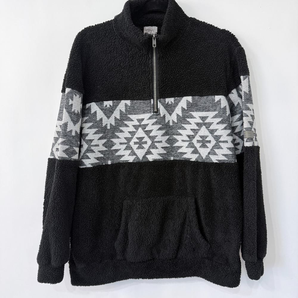 Grace & Emma Aztec Sherpa Fleece‎ Half Zip Pullover Sweatshirt Womens M Black